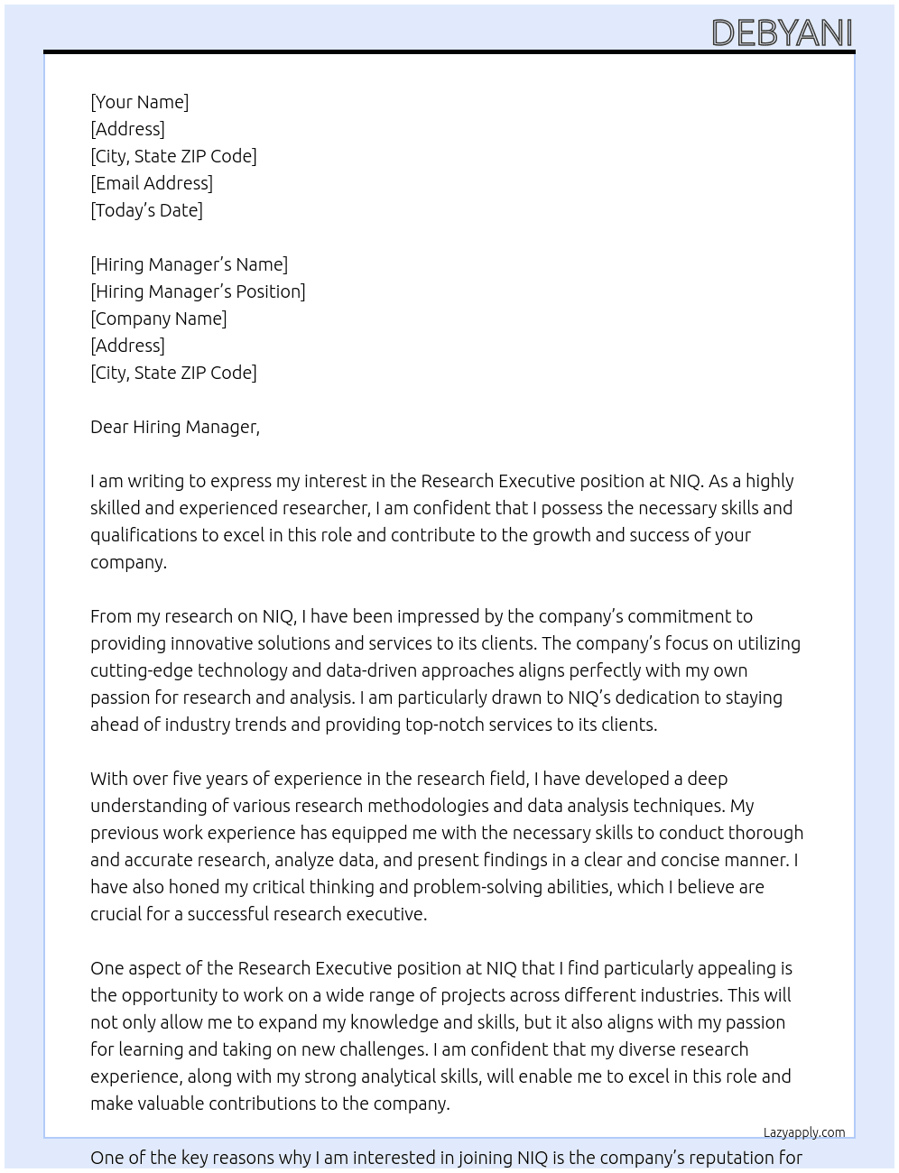 Research Executive At NIQ Cover Letter
