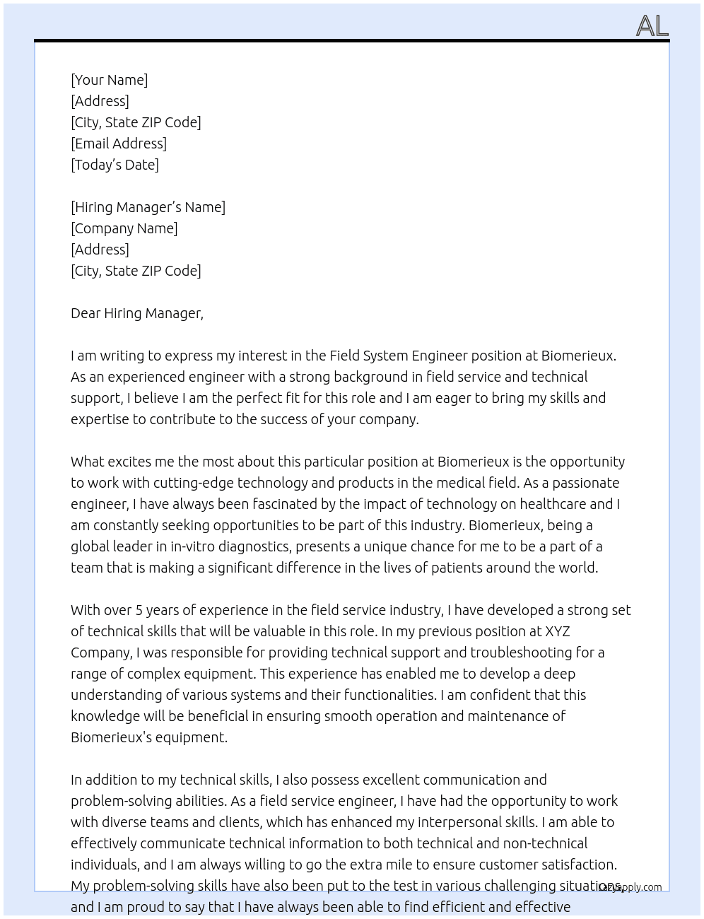 Field System Engineer At Biomerieux Cover Letter