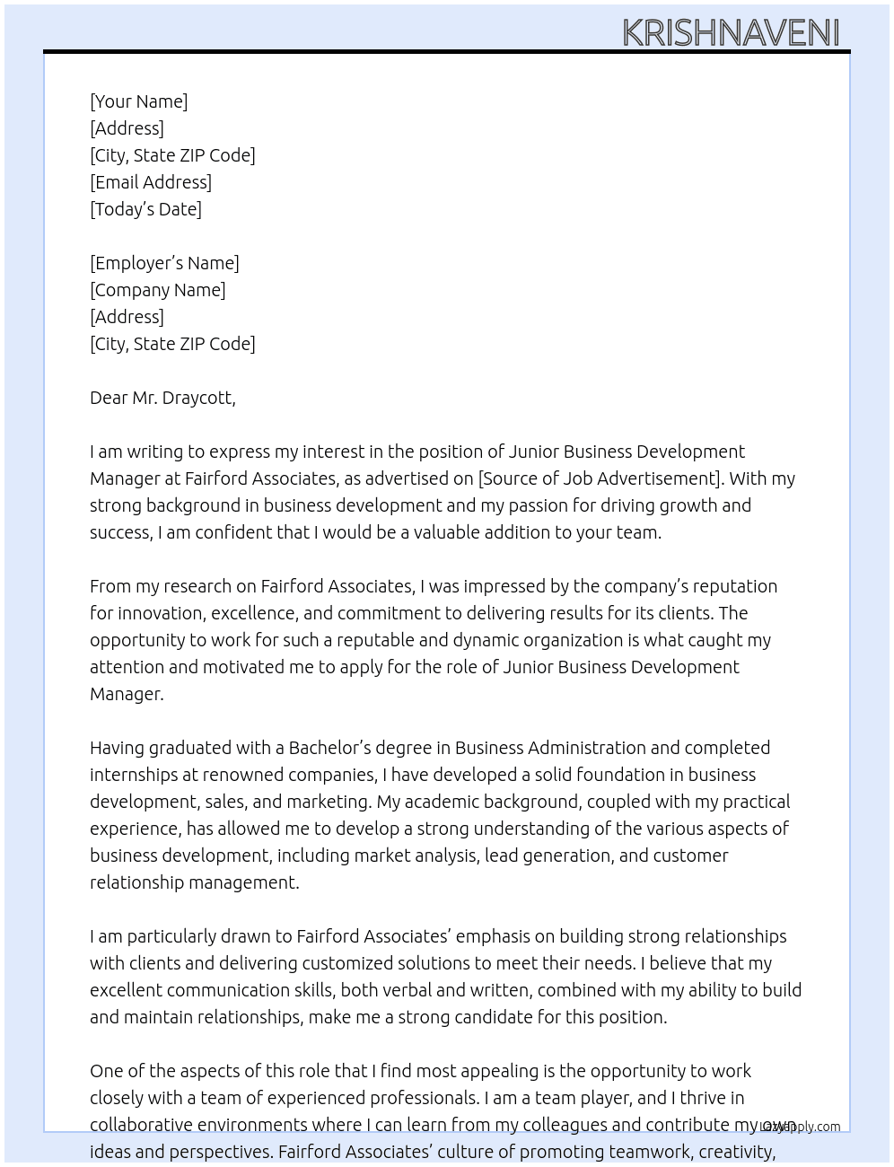 Junior Business Development Manager At Fairford Associates  Cover Letter
