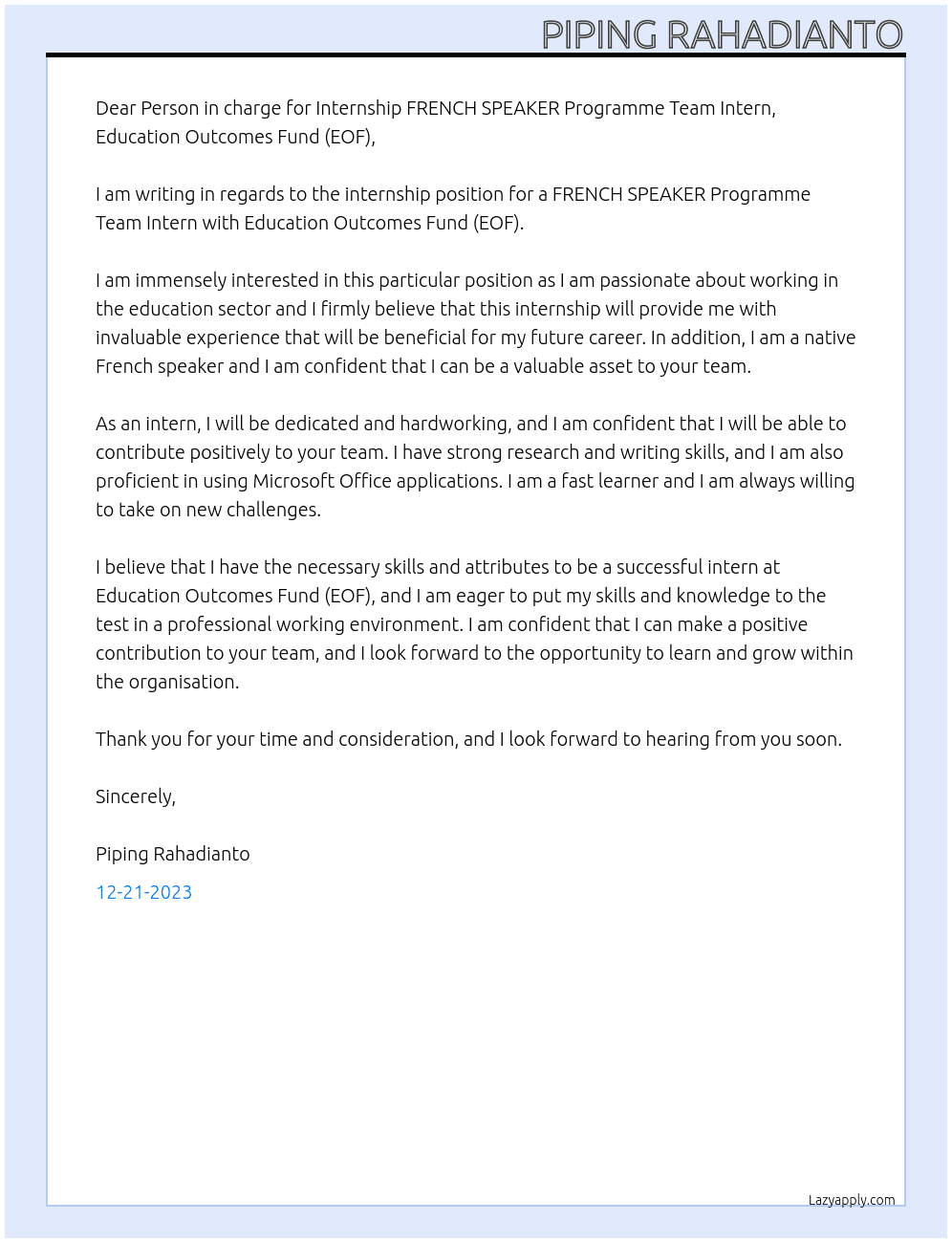 UNICEF internship At Internship FRENCH SPEAKER Programme Team Intern, Education Outcomes Fund (EOF) Cover Letter