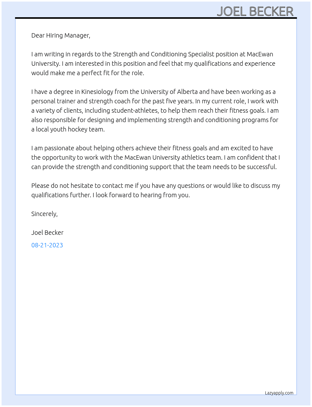 Strength and Conditioning Specialist  At MacEwan  Cover Letter