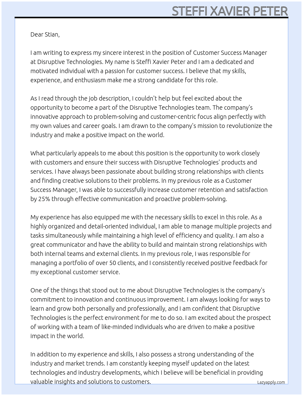 customer success manager At disruptive technologies Cover Letter