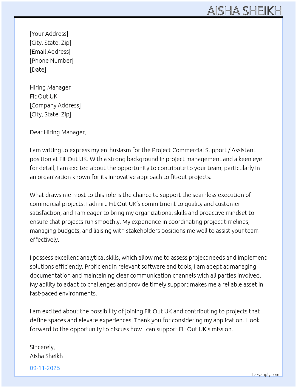 Cover letter for project commercial support / assistant - LazyApply