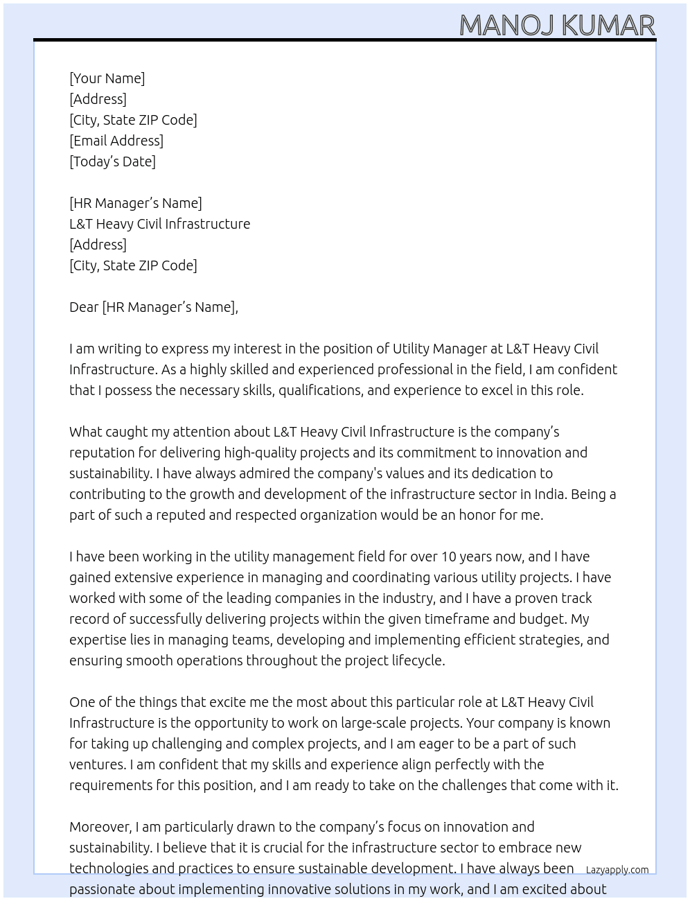 Utility Manager At L&T Heavy Civil infrastrucure  Cover Letter