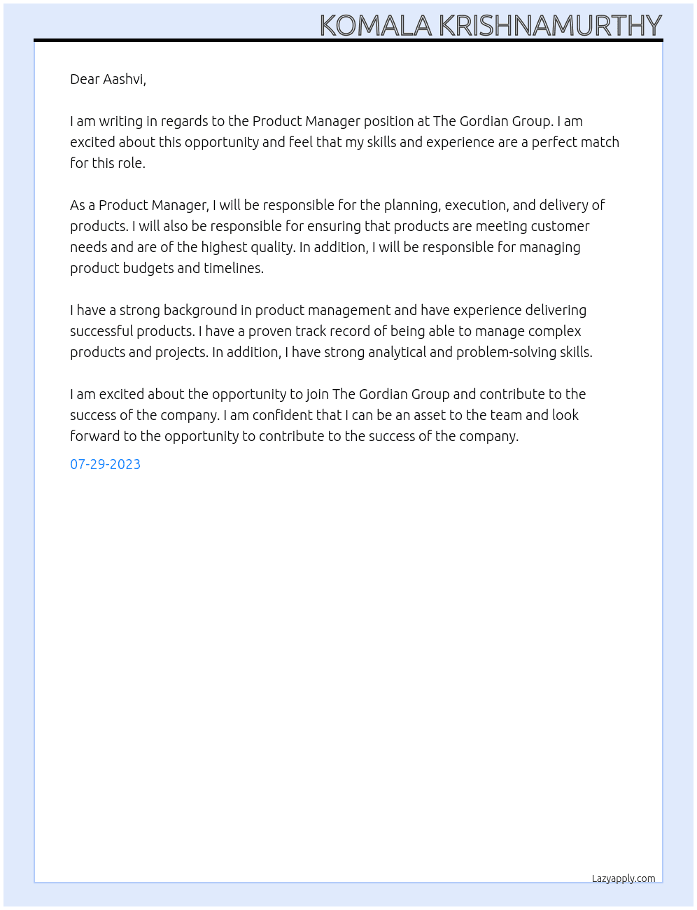 Product manager At The Gordian Group Cover Letter