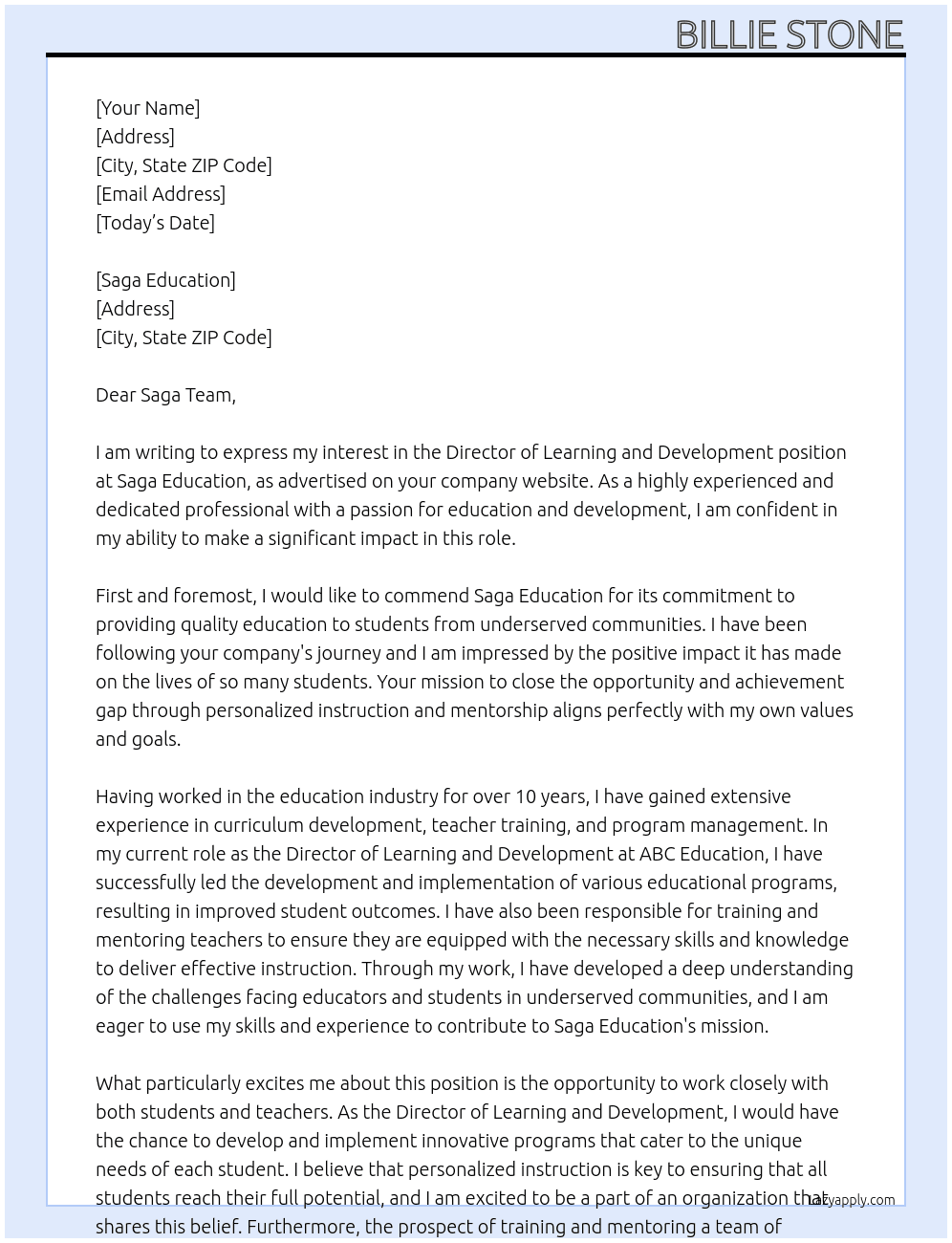 Director of Learning and Development At Saga Education Cover Letter