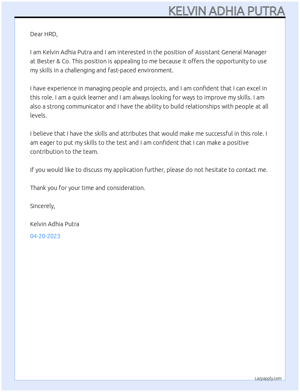 Assistant General Manager At Bester & Co Cover Letter