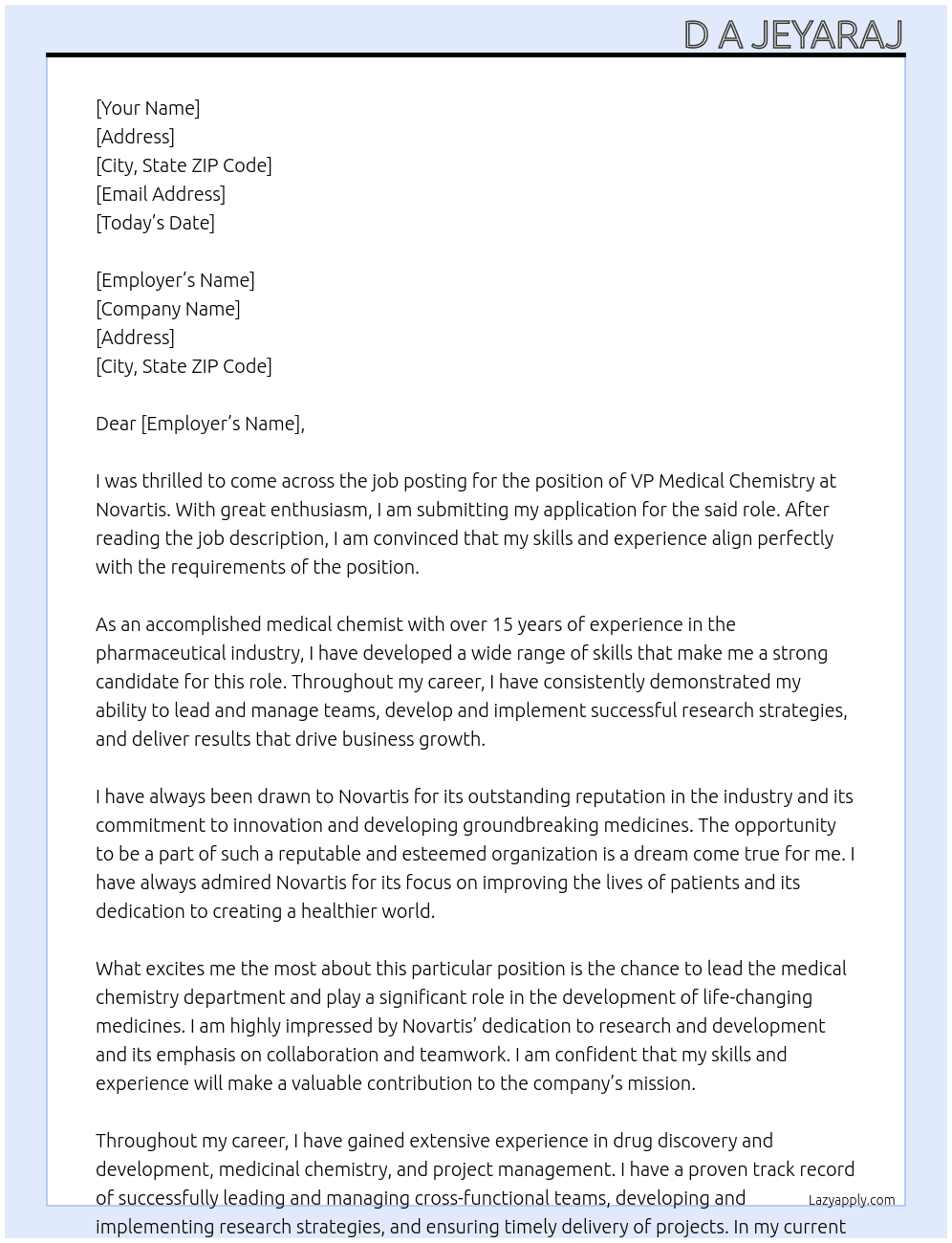 Vp medical chemistry  At Novartis  Cover Letter