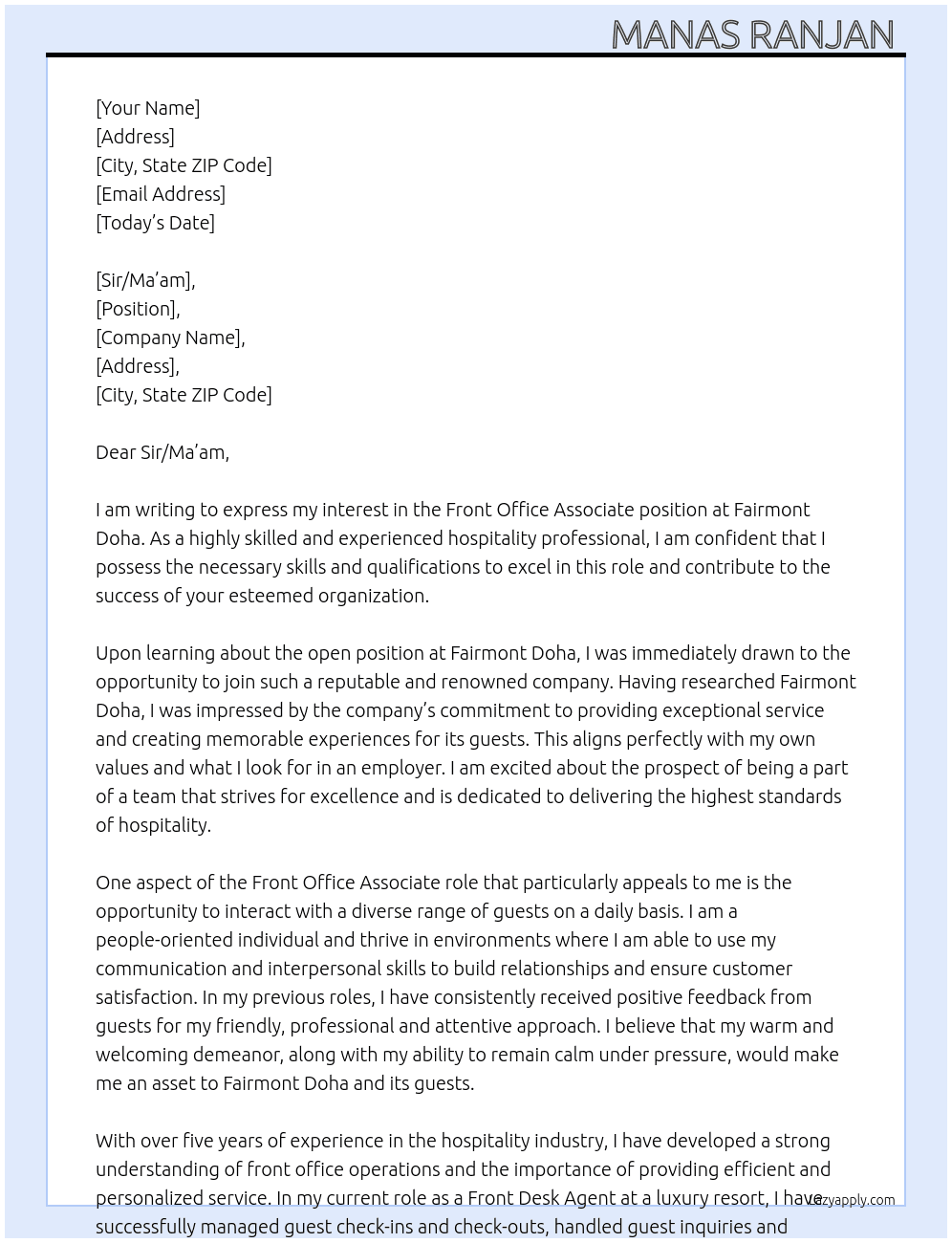 Front office Associate  At Fairmont Doha Cover Letter