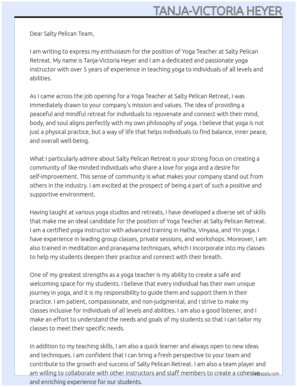Yoga Teacher At Salty Pelican Retreat Cover Letter