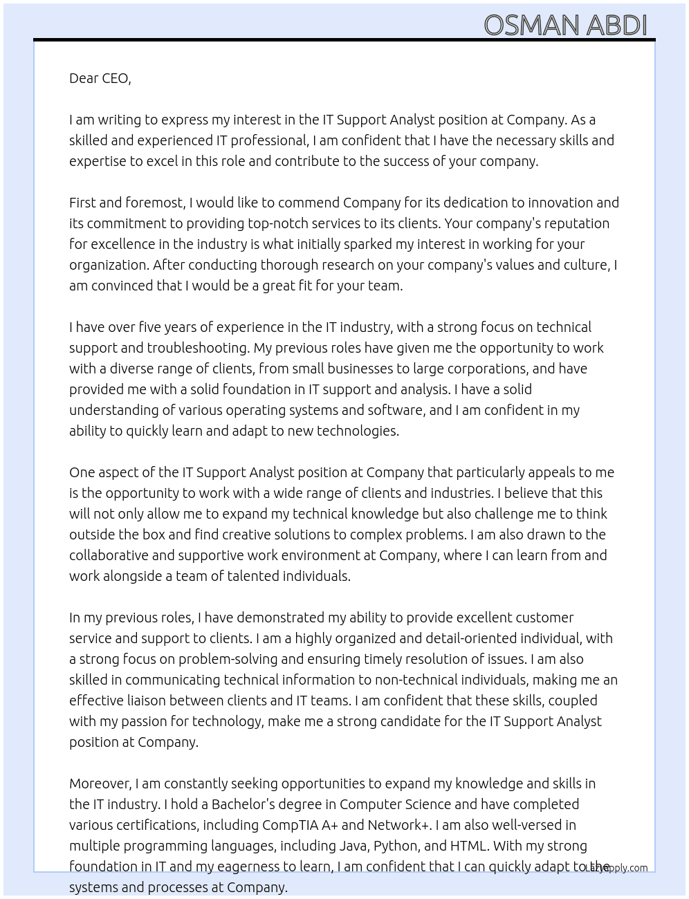 IT Support Analyst At Company Cover Letter