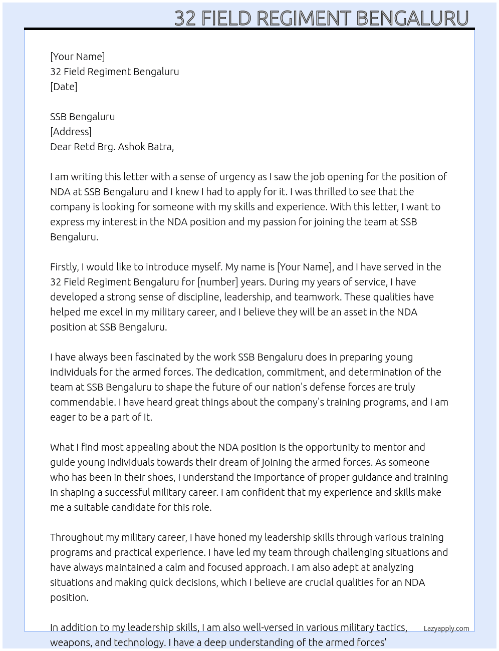 NDA At SSB BENGALURU  Cover Letter