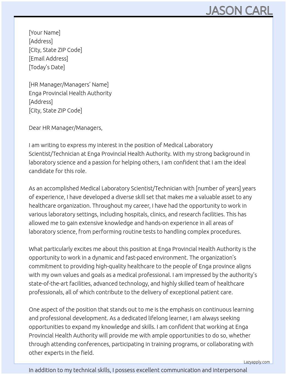 Medical Laboratory Scientist/Technician At Enga Provincial Health Authority Cover Letter