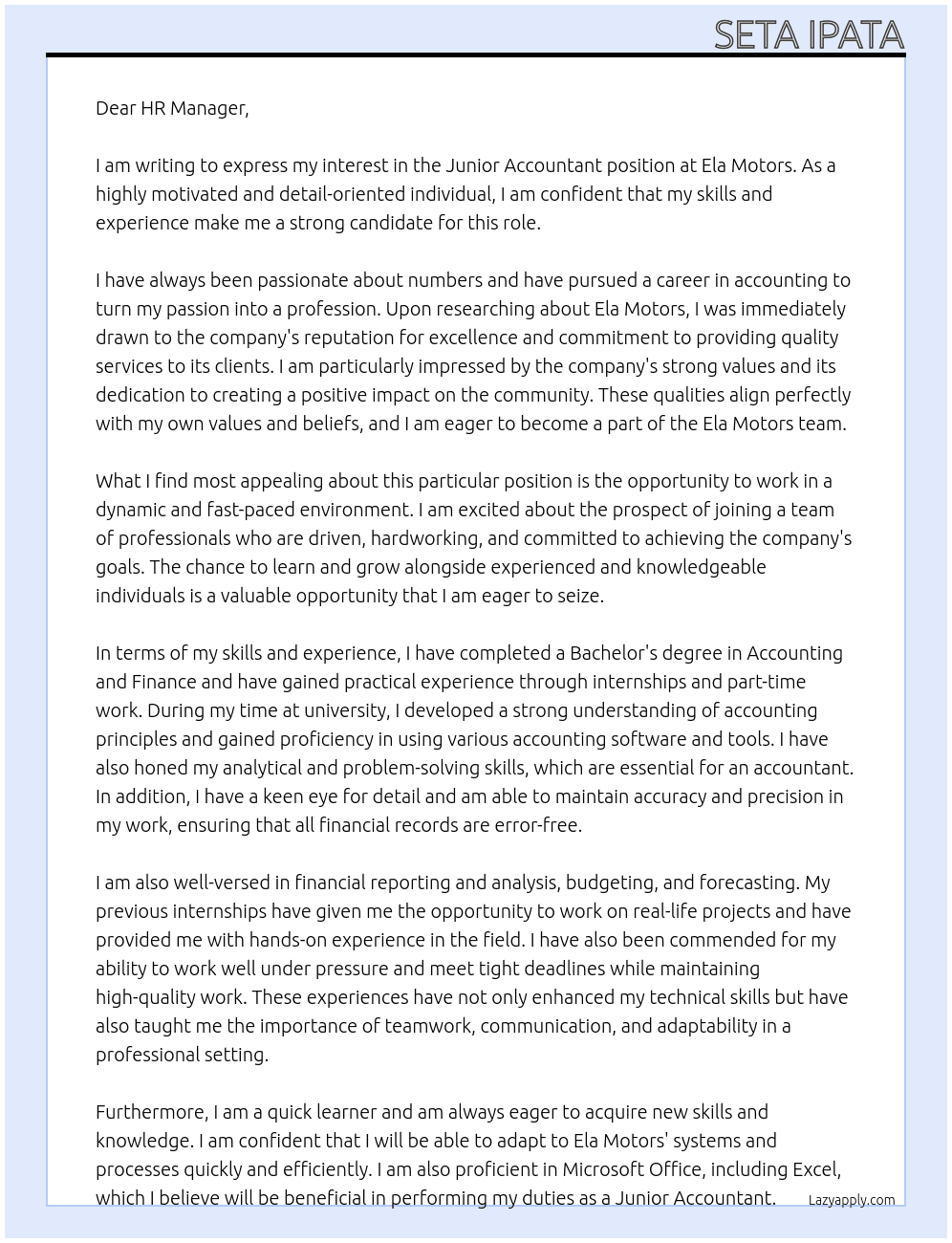 Junior Accountant At Ela Motors Cover Letter