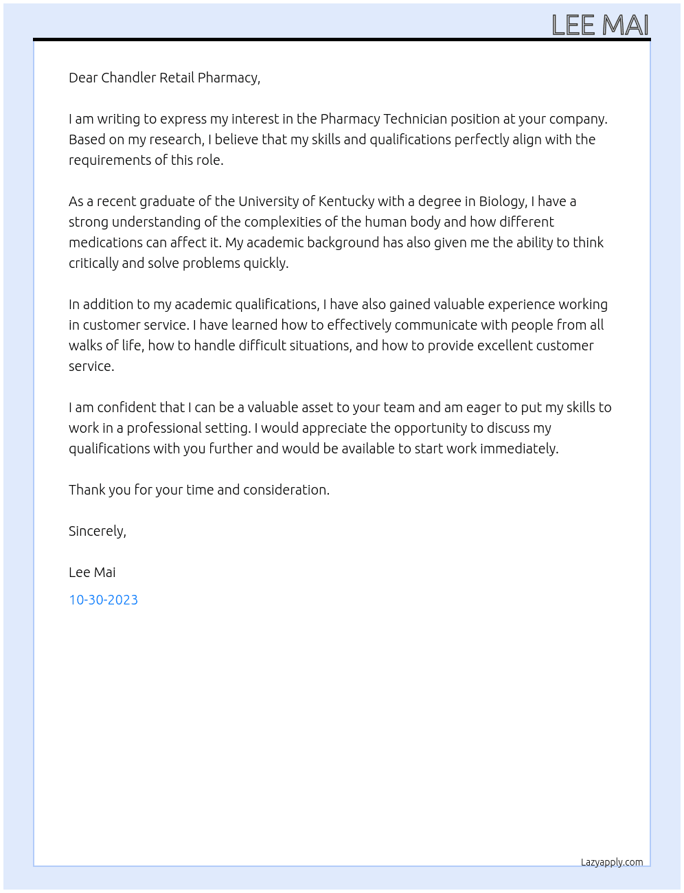 Pharmacy Technician At University of Kentucky Cover Letter