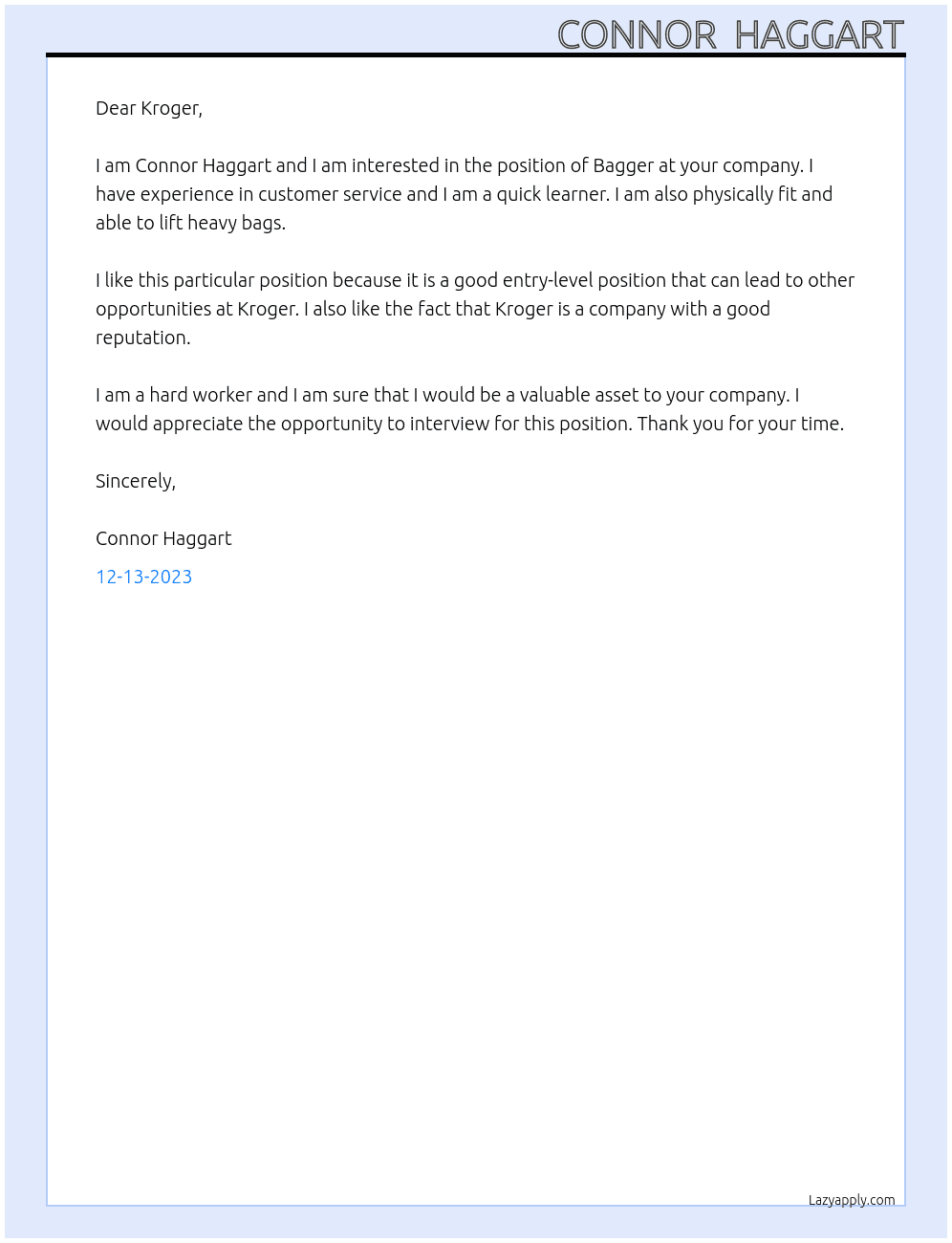 Bagger At Kroger Cover Letter