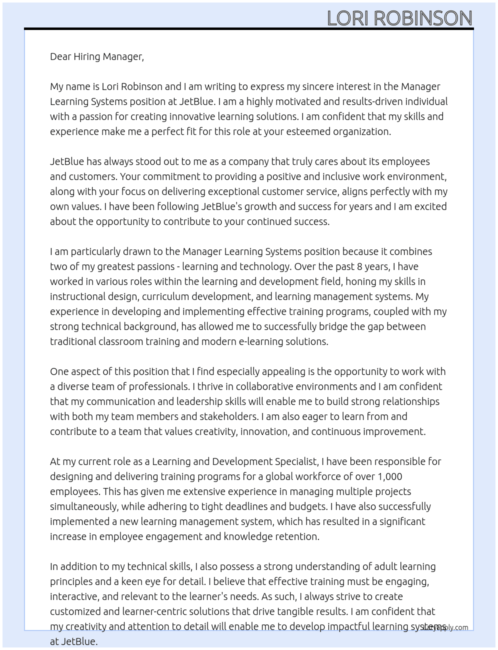 Manager Learning Systems  At JetBlue Cover Letter