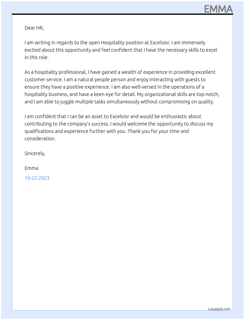 Hsopitality At Excelsior Cover Letter