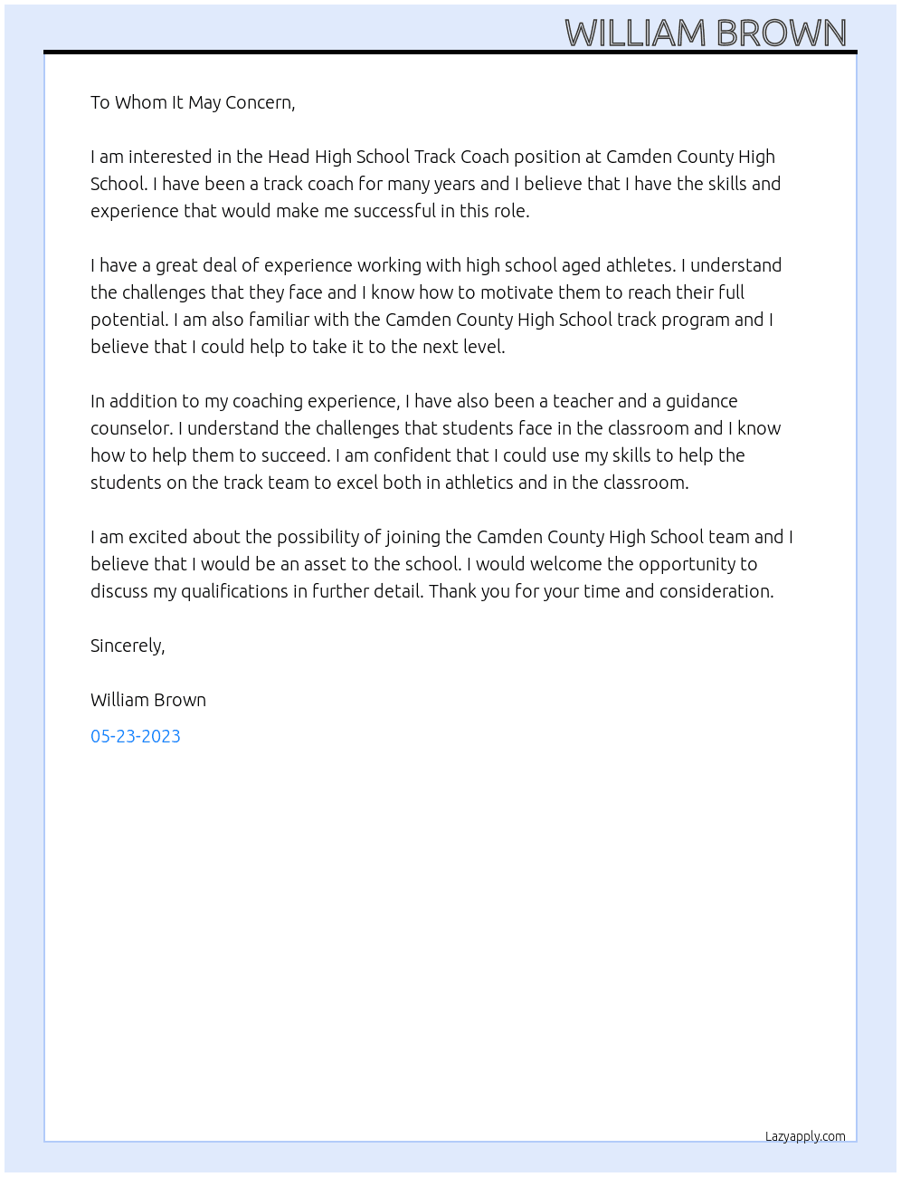 Head High School Track Coach At Camden County High School  Cover Letter