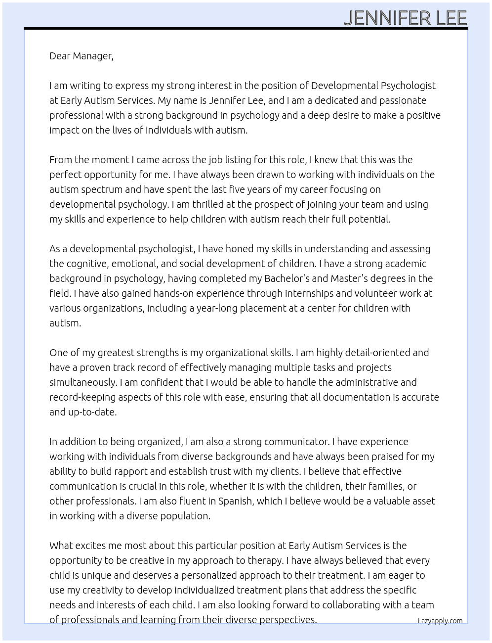 Developmental psychologist At Early autism services Cover Letter