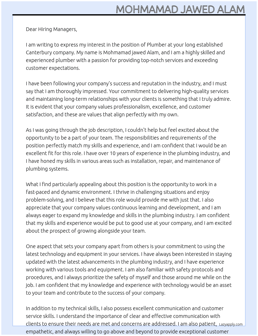 Plumber At Long established  Canterbury company Cover Letter
