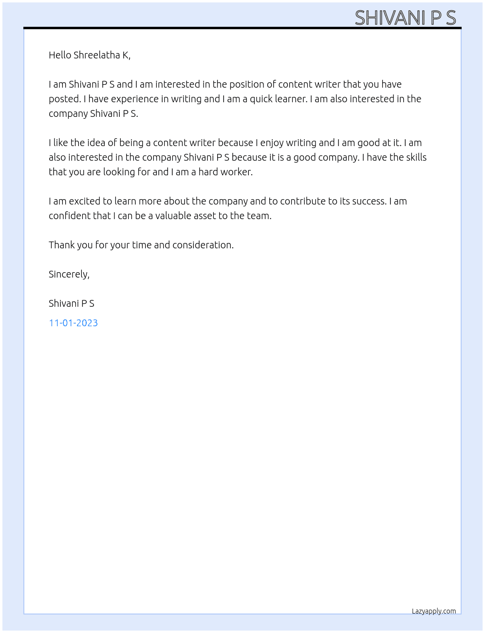 Content writer  At Shivani P S  Cover Letter