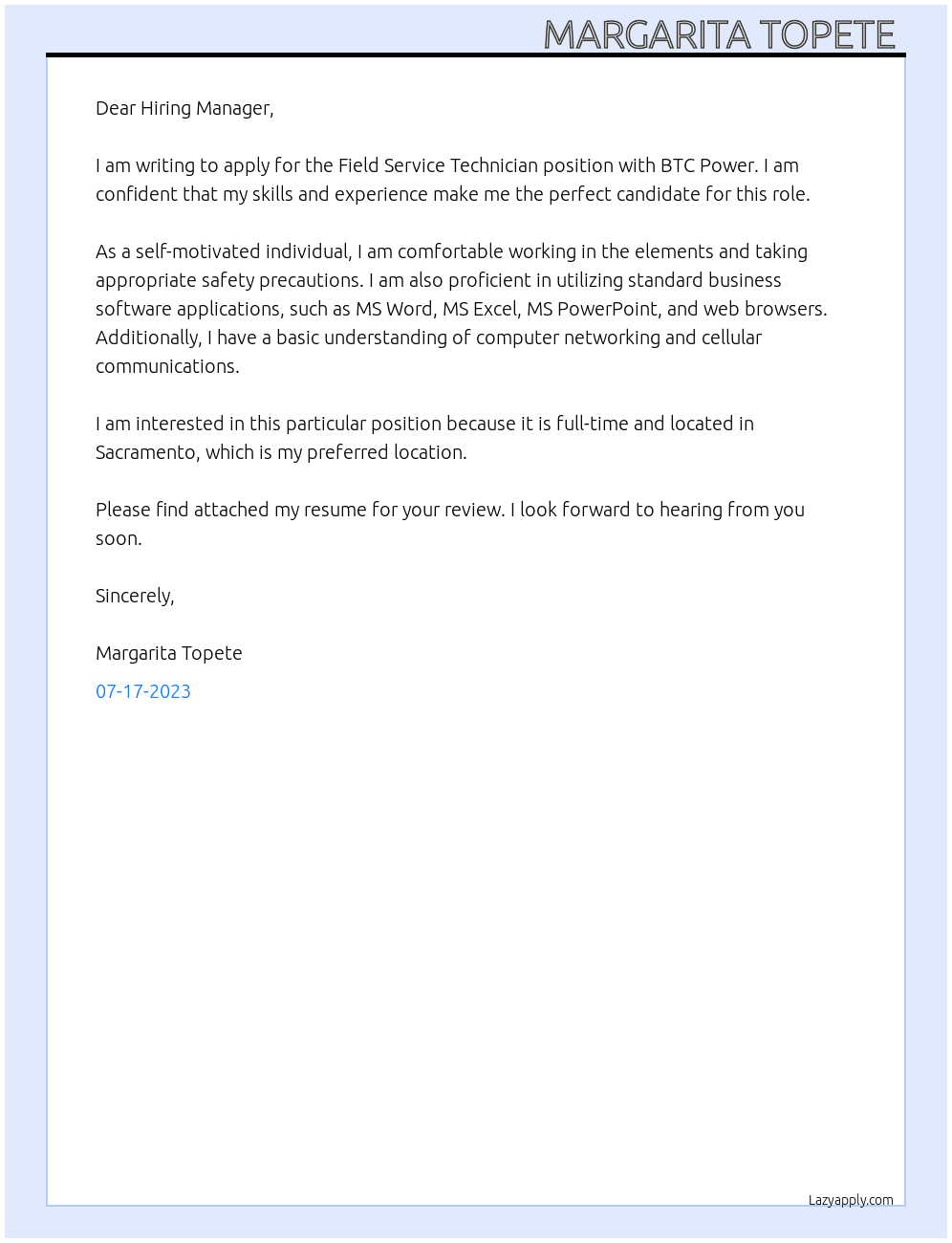 Field service technician  At BTC Power Cover Letter