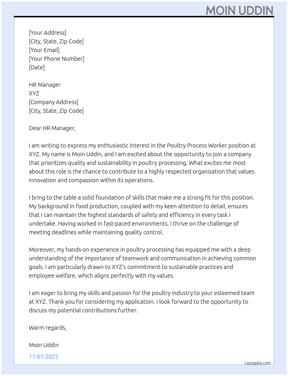 Cover letter for poultry process worker - LazyApply