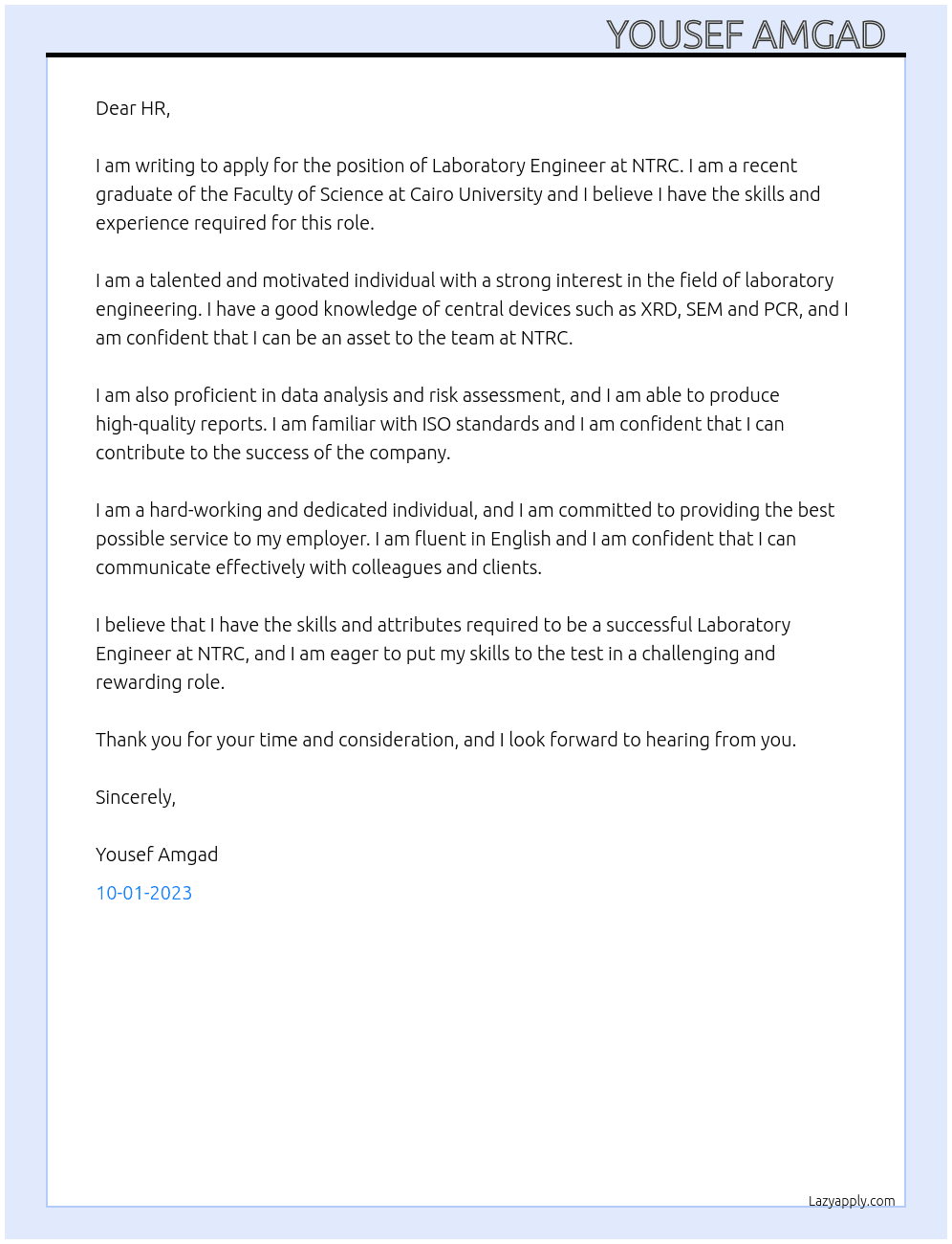 Laboratory engineering  At NTRC Cover Letter