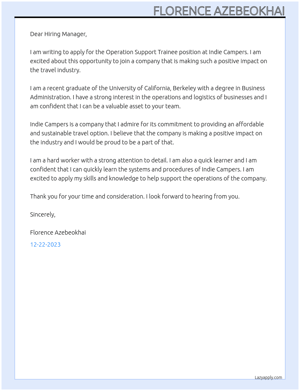 Operation Support Trainee At Indie Campers Cover Letter