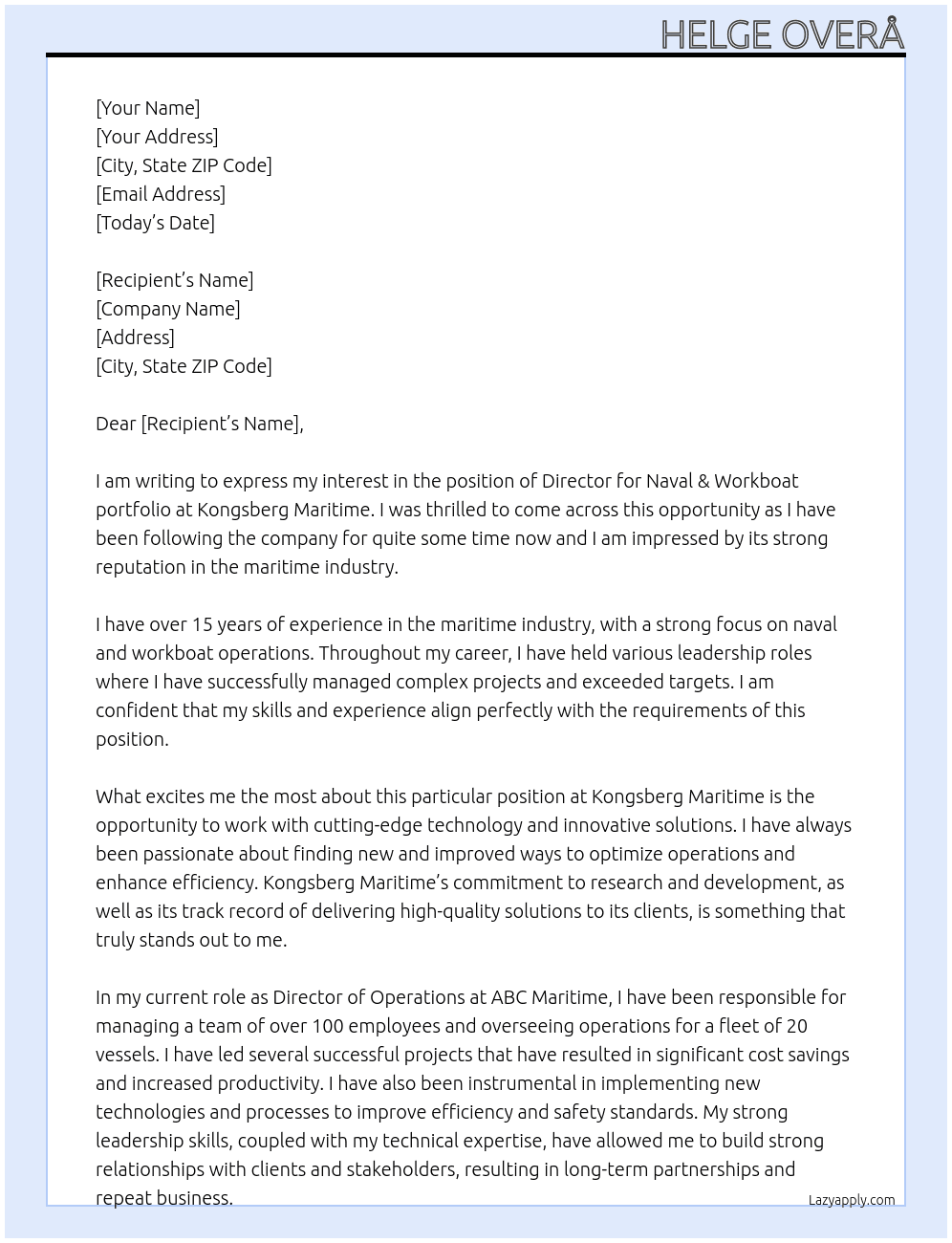 Director for Naval & Workboat portfolio At Kongsberg Maritime Cover Letter