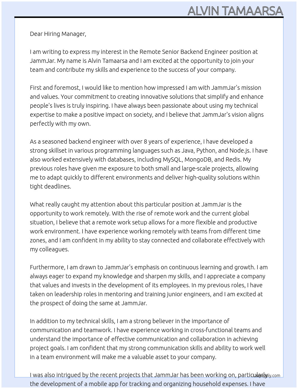 Remote Senior Backend Engineer At JammJar Cover Letter