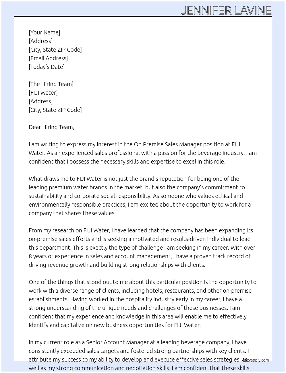 On Premise Sales Manager At FIJI Water Cover Letter