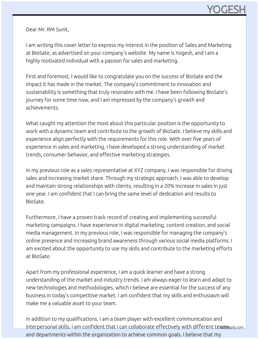 sales and marketting At BioSate Cover Letter