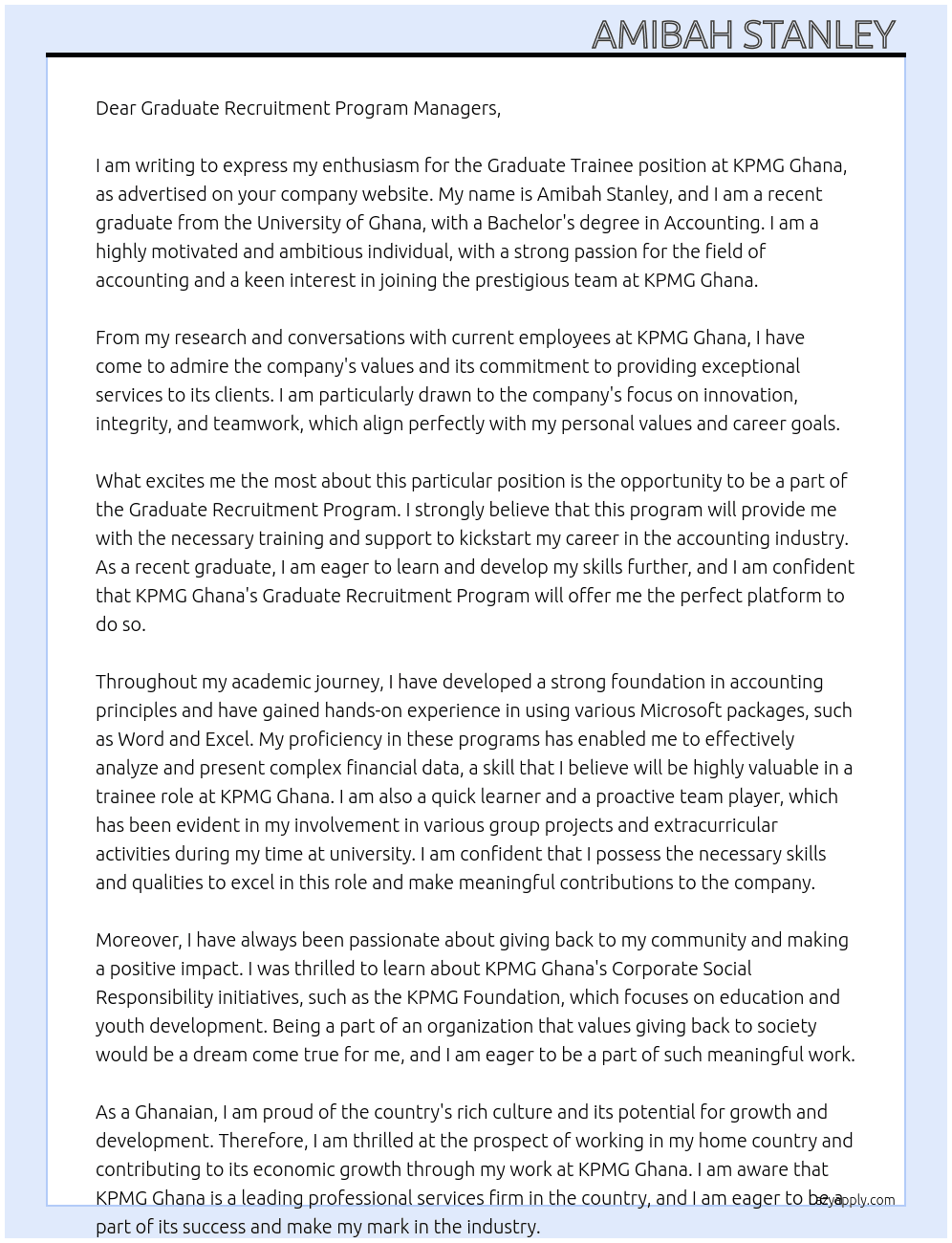Graduate trainee  At KPMG Ghana  Cover Letter