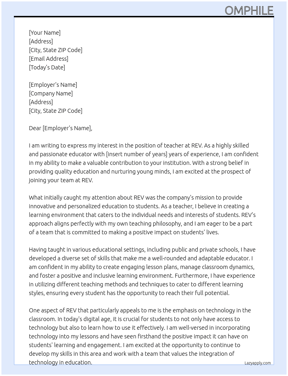 teacher At rev Cover Letter