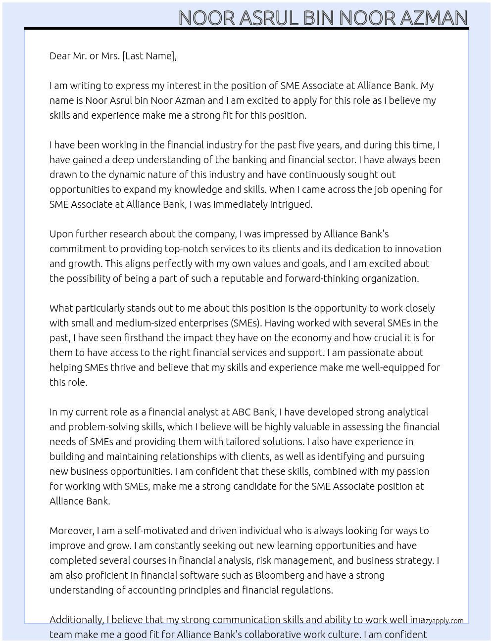 SME Associate At Alliance Bank Cover Letter
