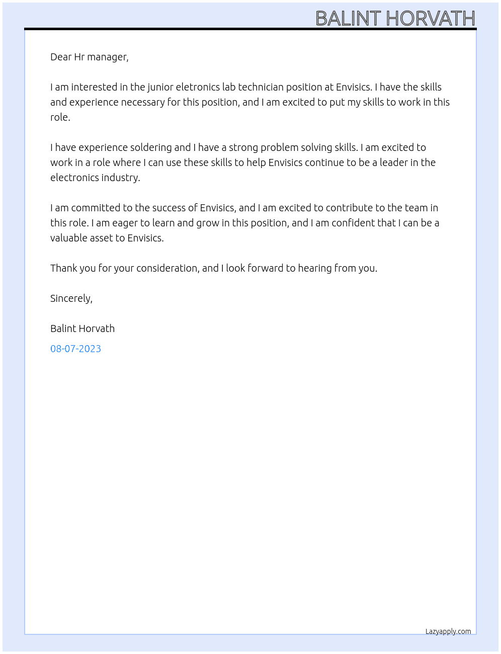 junior eletronics lab technician At Envisics Cover Letter