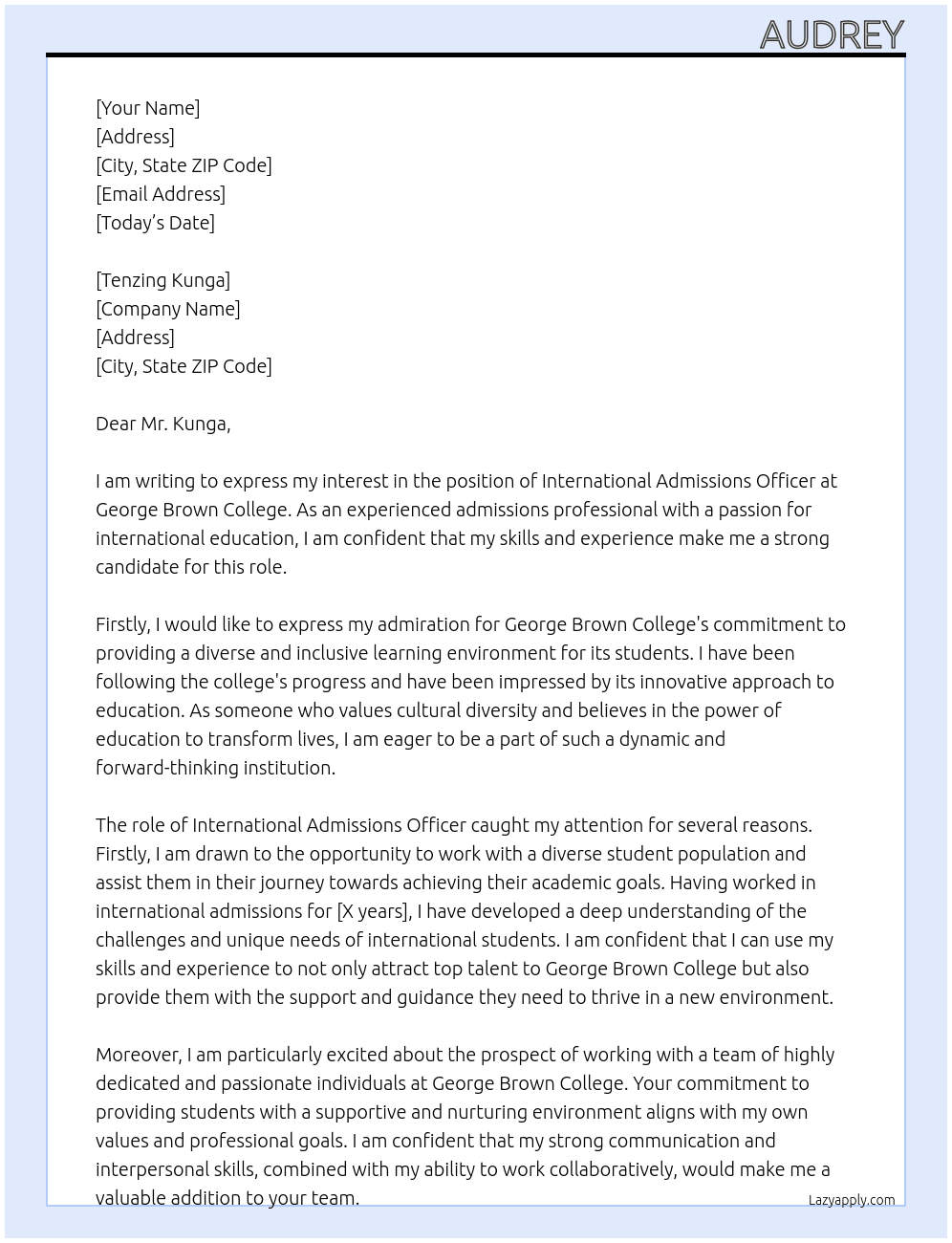 International Admissions Officer At George Brown College Cover Letter
