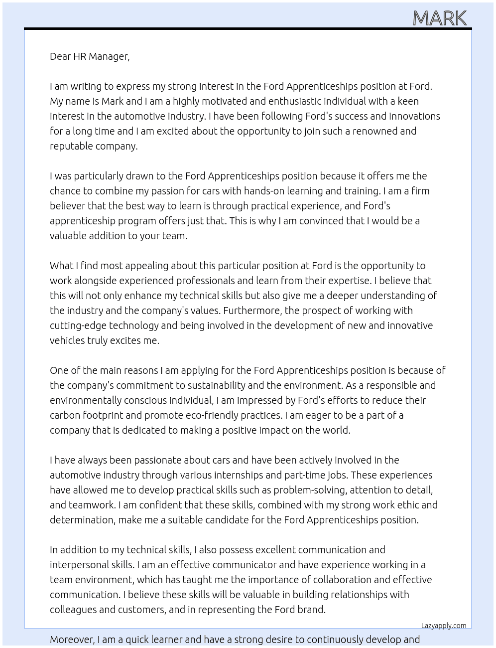 Ford Apprenticeships At Ford Cover Letter