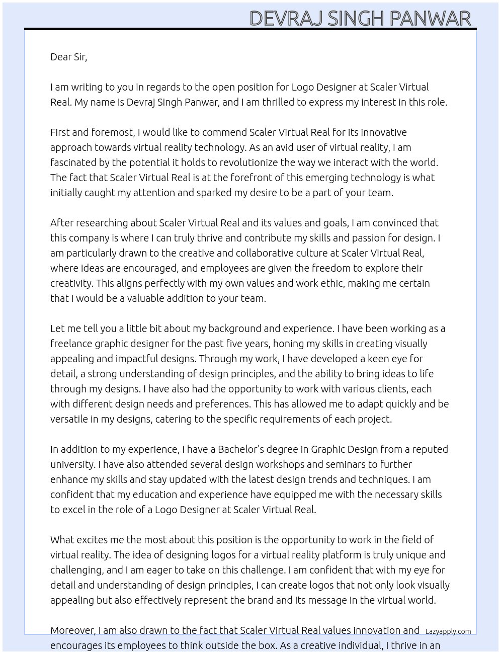logo designe At scaler virtual real Cover Letter