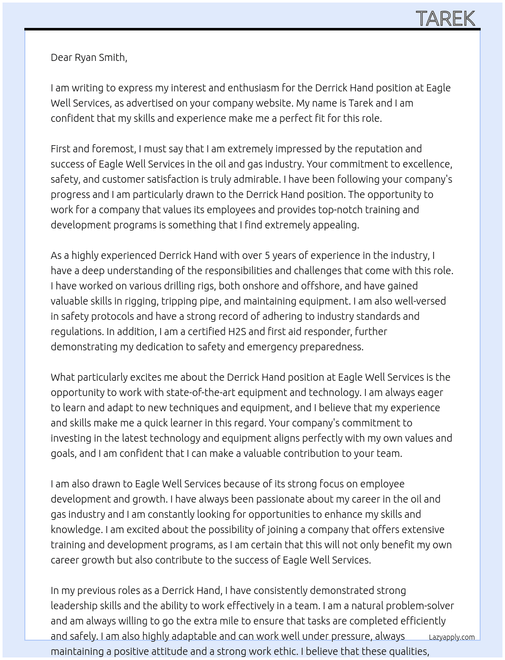 Derrick Hand  At Eagle Well Services  Cover Letter