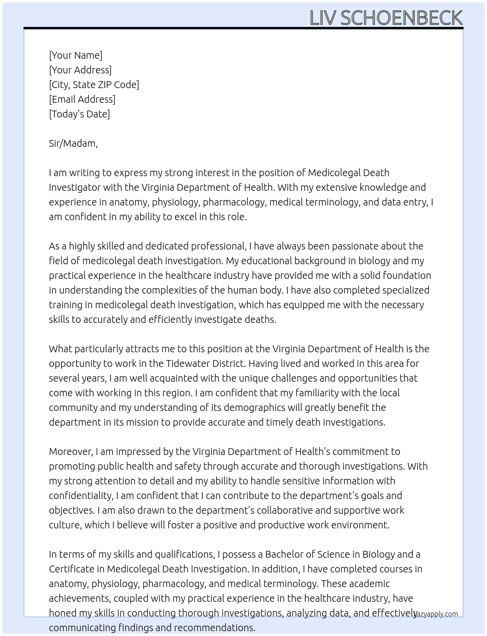 Medicolegal Death Investigator At Virginia Department of Health Cover Letter