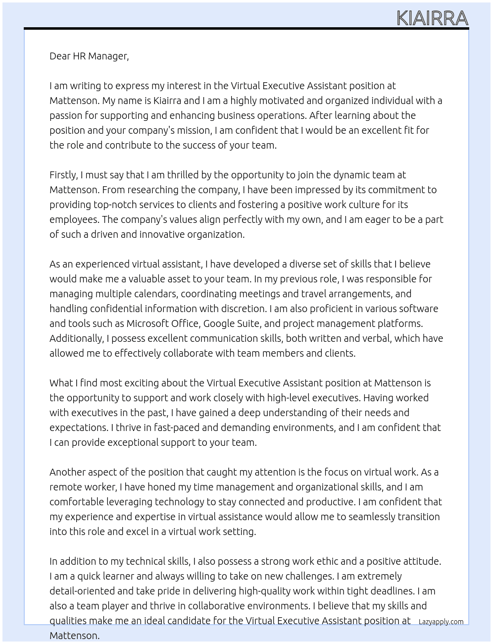 Virtual Executive Assistant  At Mattenson  Cover Letter