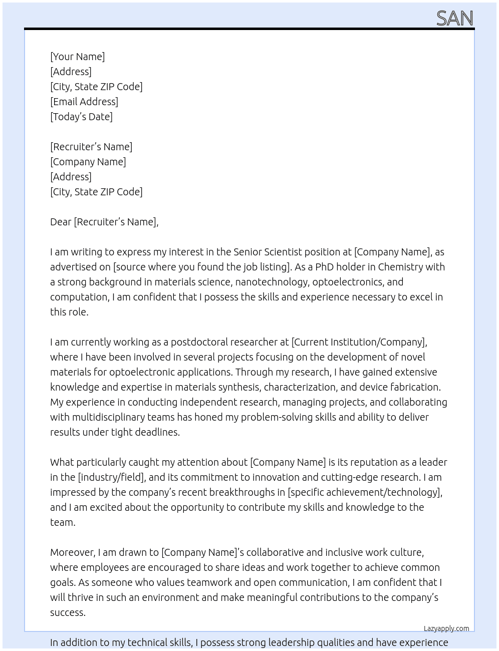 Senior Scientist  At Industry Cover Letter