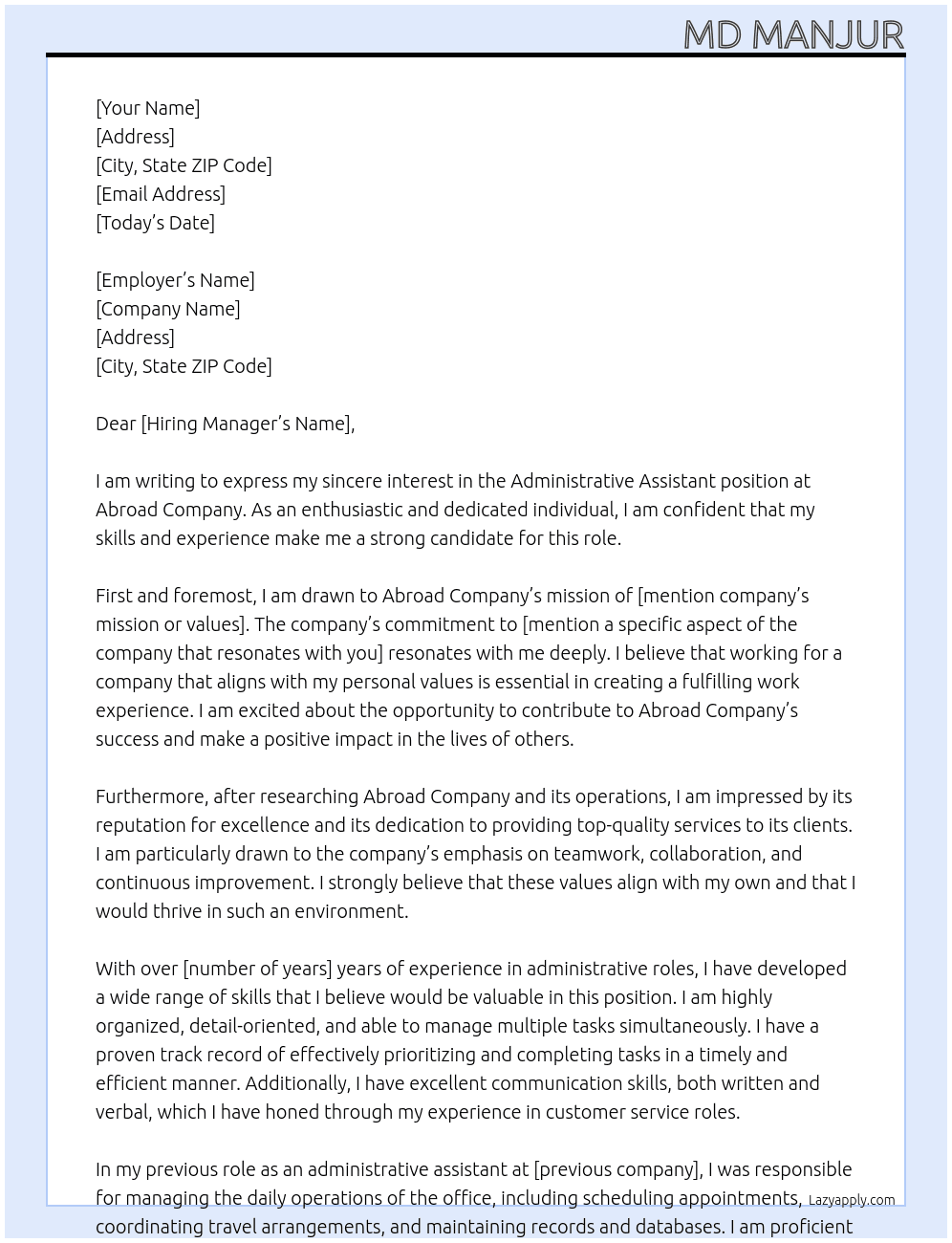 Administrative assistant At Abroad Company Cover Letter