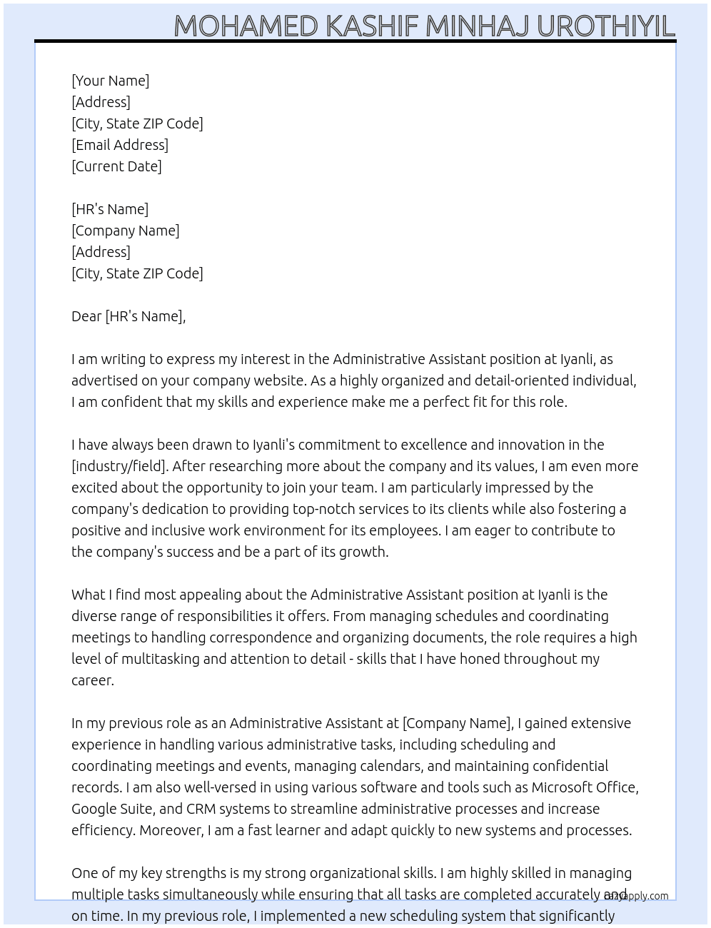 Administrative Assistant At Iyanli Cover Letter