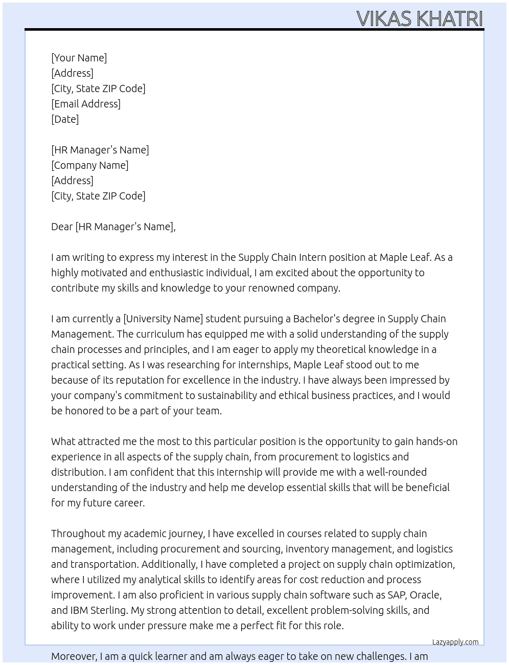 supply chain intern At maple leaf Cover Letter