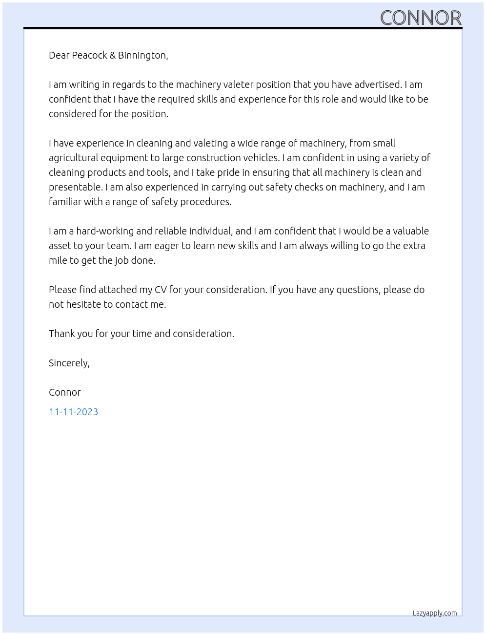Machinery Valeter At Peacock & Binnington Cover Letter
