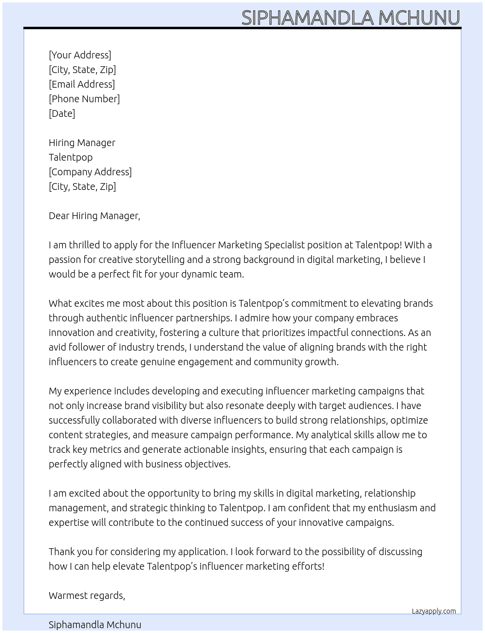 INFLUNCER MARKETING SPECIALIST At Talentpop Cover Letter